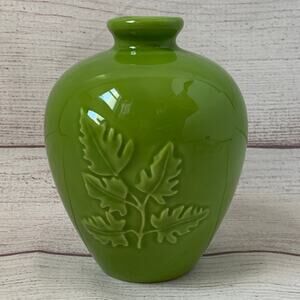 Small Green Vase with Embossed Leaf Glazed Plant Pottery Flower Decor 5 1/4"H